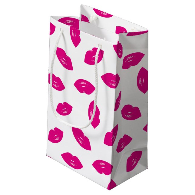 Pink-Lippenmuster-schicker Lippenstift-Druck Kleine Geschenktüte (Rückseite Schrägansicht)