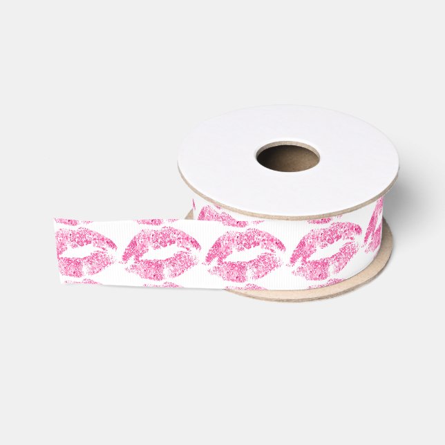 Pink Lips Glitzer Pattern Ripsband (Spule)