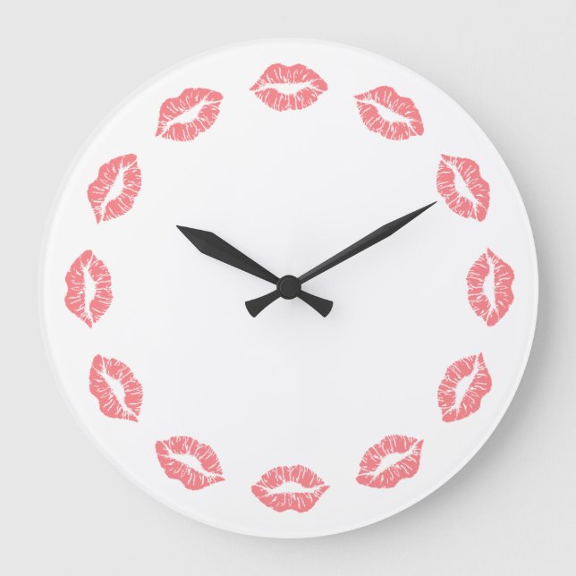Pink Lipstick Kiss Clock Große Wanduhr (Vorderseite)