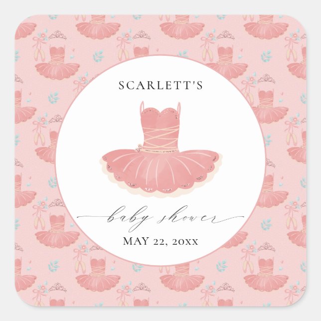 Pink Little Ballerina Tutu Baby Girl Babydusche Quadratischer Aufkleber (Vorderseite)