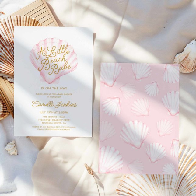 Pink Little Beach Babe Muschel Babydusche Einladung (Pink A little Beach Babe Girl Baby Shower Invitation)