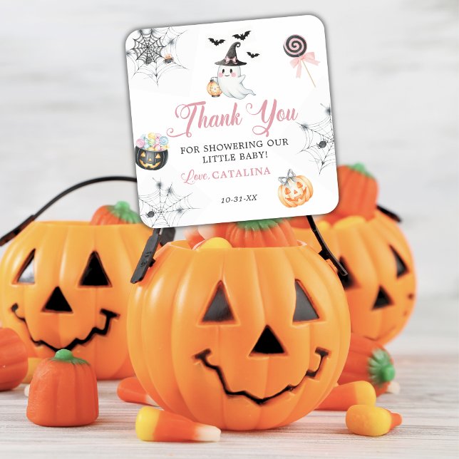 Pink Little Boo Babydusche Niedlich Ghost & Pumpki Quadratischer Aufkleber (Von Creator hochgeladen)