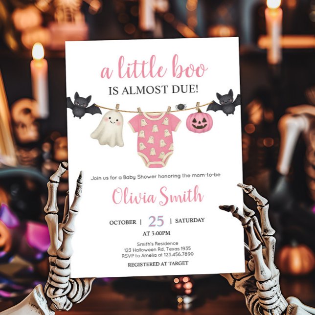 Pink Little Boo Clothesline Baby Dusche Einladung (Pink Little Boo Halloween Clothesline Baby Shower Invitation)