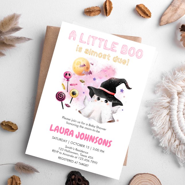 Pink Little Boo Ghost Hexendusche Einladung (Little Boo Halloween Baby Shower Invitation)
