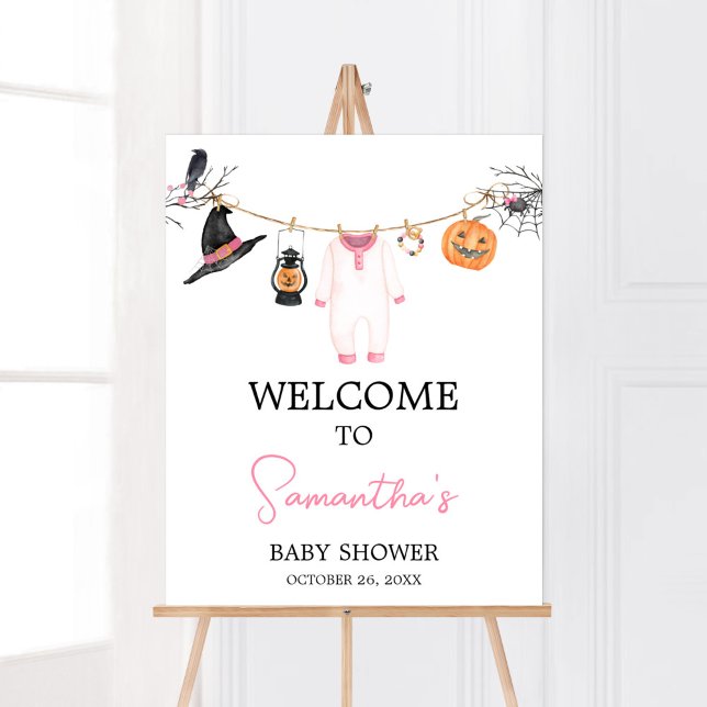 Pink Little Boo Halloween Baby Dusche Empfang Poster (Halloween Baby Clothes Baby Shower Welcome Sign)