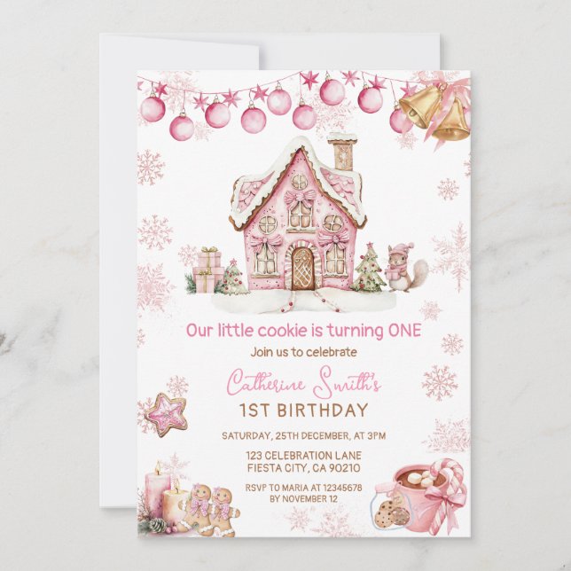Pink Little Cookie Christmas 1st birthday  Einladung (Vorderseite)
