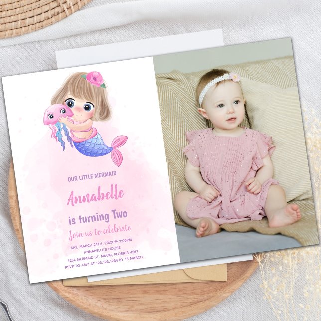 Pink Little Mermaid Geburtstag Einladung mit Foto (Pink little Mermaid Invitations with photo)