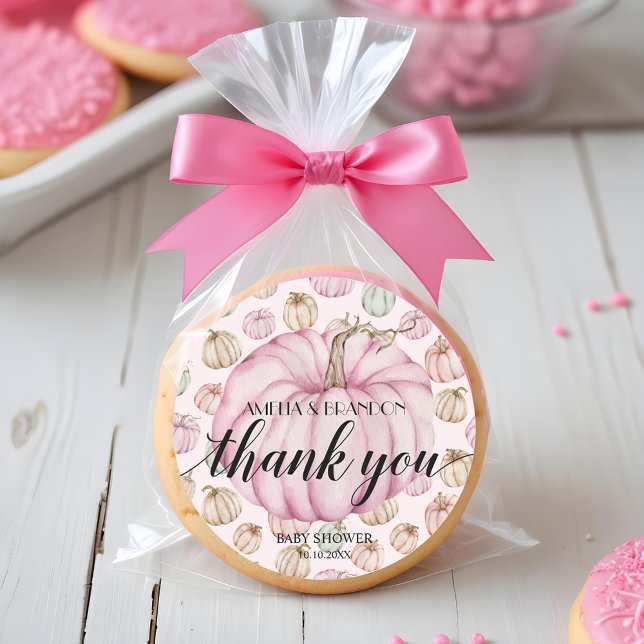 Pink Little Pumpkin Baby Dusche Danke Runder Aufkleber (Pink pumpkin baby shower thank you 3 inch round stickers)