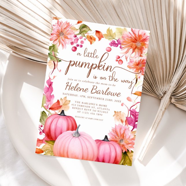 Pink Little Pumpkin Floral Fall Babydusche Einladung (Pink Little Pumpkin Floral Fall Baby Shower Invitation)