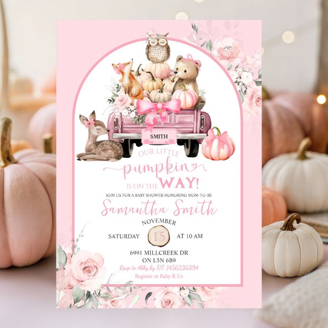 Pink Little Pumpkin Woodland Tiere Kinderdusche Einladung (Von Creator hochgeladen)