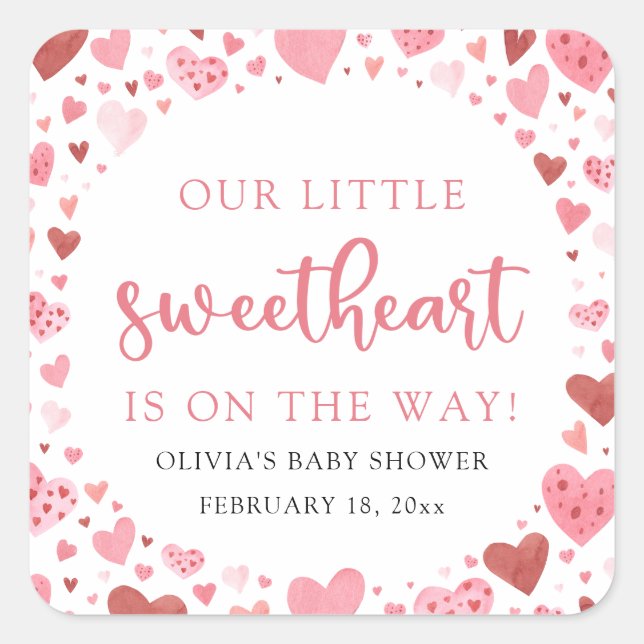 Pink Little Sweetheart Valentine's Day Babydusche Quadratischer Aufkleber (Vorderseite)