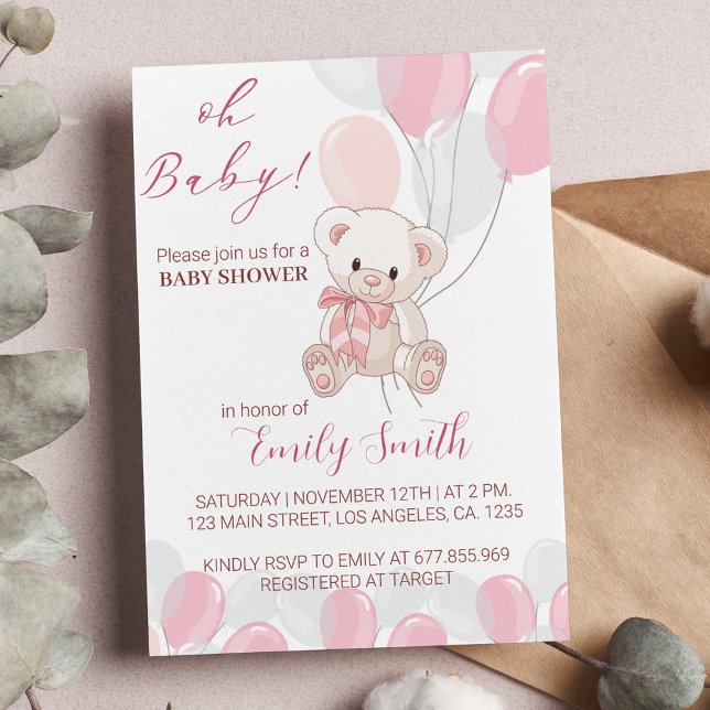 Pink Little Teddy Bear Baby Dusche Einladung (Von Creator hochgeladen)