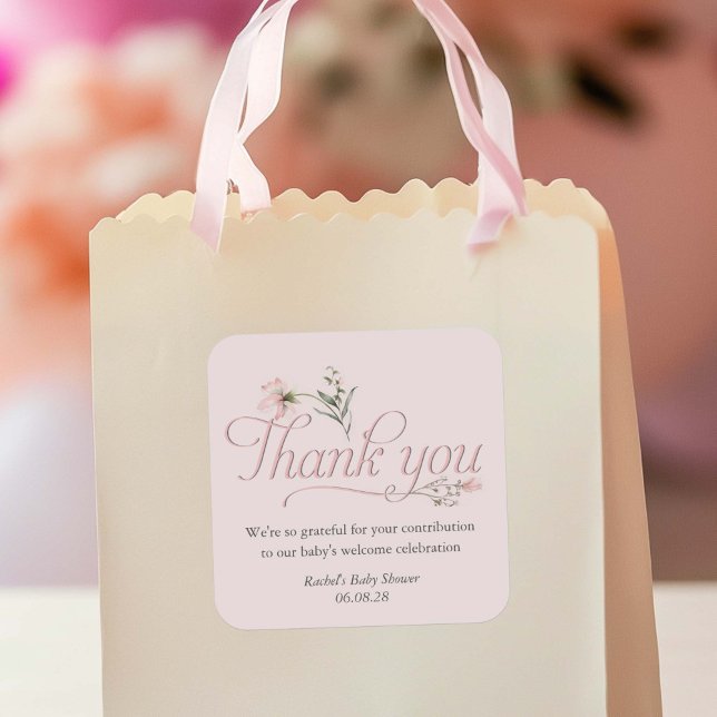 Pink Little Wildblume Baby Girl Dusche Vielen Dank Quadratischer Aufkleber (Elegant Pink Wildflower, Baby Girl shower favor thank you stickers.)