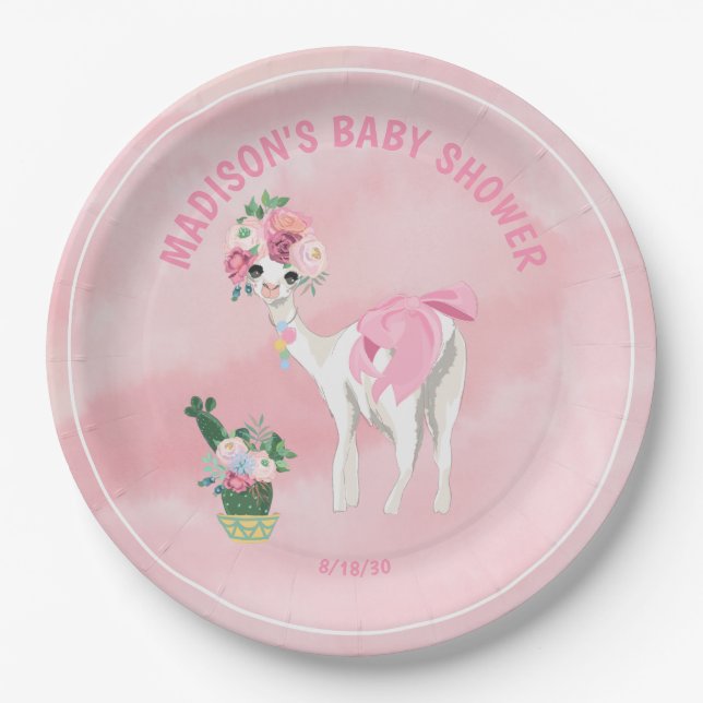 Pink Llama Alpaca Girls Babydusche Pappteller (Vorderseite)