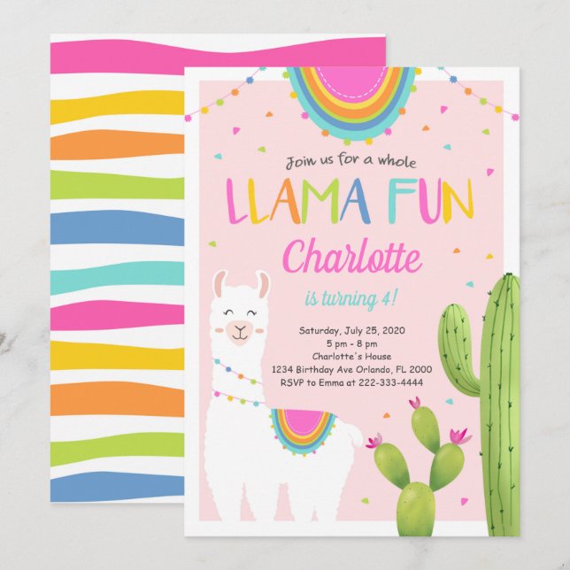 Pink Llama Cactus Birthday Einladung (Vorne/Hinten)