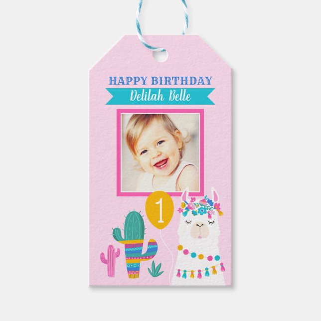 Pink Llama Happy Birthday Girl Foto Gefallen Geschenkanhänger (Vorderseite)