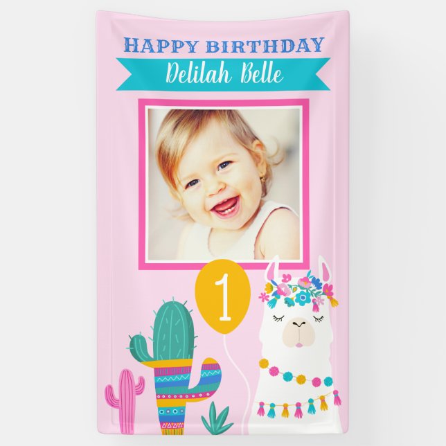 Pink Llama Happy Birthday Girl Foto Party Banner (Vertikal)