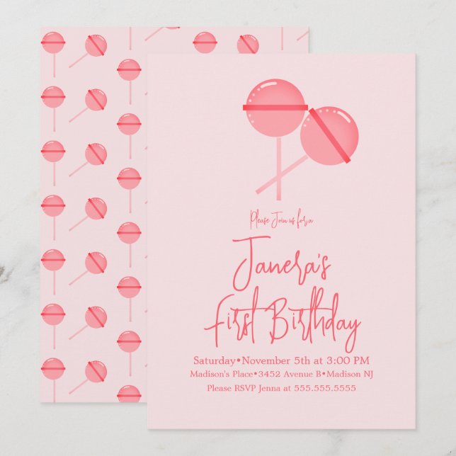Pink Lollipops Candy Bar Erster Geburtstag Einladu Einladung (Vorne/Hinten)