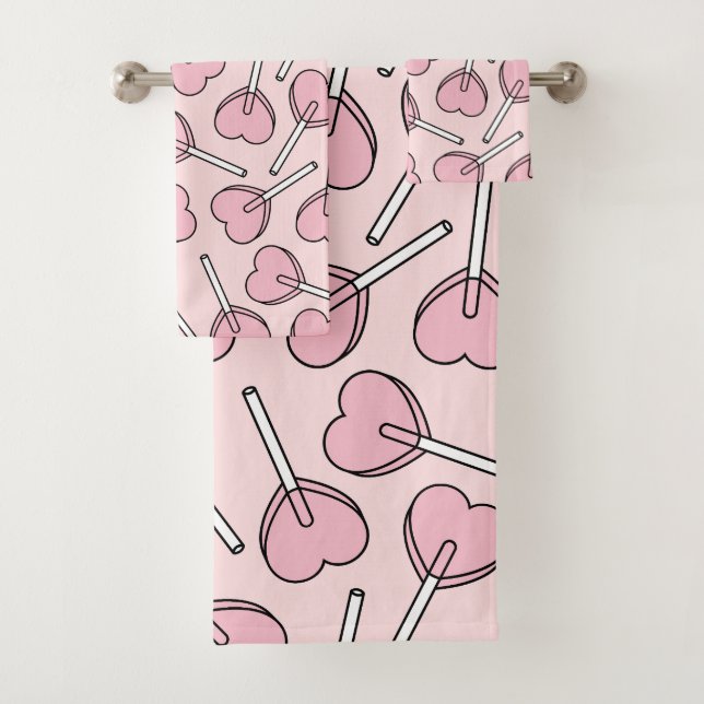 Pink Lollipops, Heart Lollipops, Lollipop Pattern Badhandtuch Set (Insitu)
