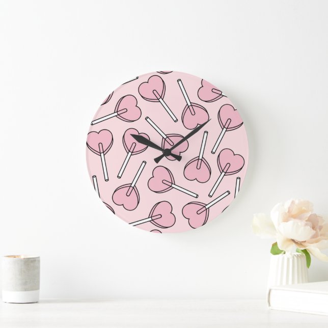 Pink Lollipops, Heart Lollipops, Lollipop Pattern Große Wanduhr (Zuhause)