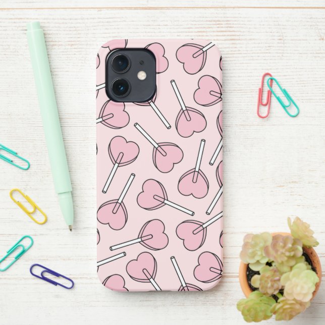 Pink Lollipops, Heart Lollipops, Lollipop Pattern iPhone 12 Hülle (Auf dem Schreibtisch)