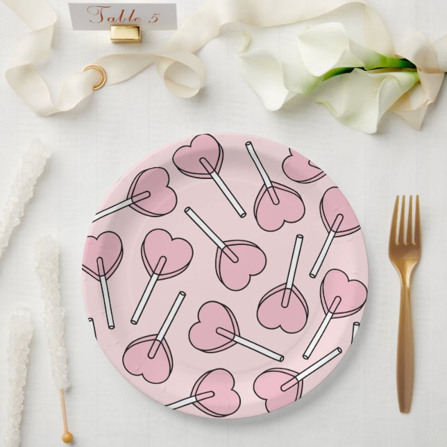 Pink Lollipops, Heart Lollipops, Lollipop Pattern Pappteller (Hochzeit)