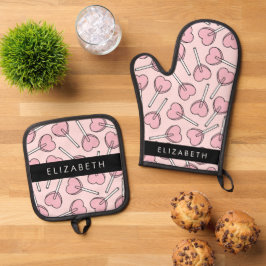 Pink Lollipops, Heart Lollipops, Lolly, Your Name Ofenhandschuh & Topflappen-Set