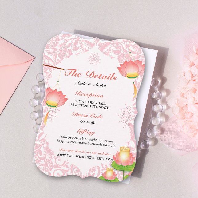 Pink Lotus Lanterns Indian Wedding Details Card (Von Creator hochgeladen)