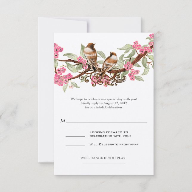 Pink Love Bird Wedding RSVP Karte (Vorderseite)
