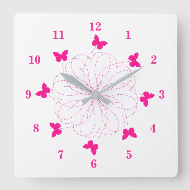 Pink Love - Cute Butterflies Quadratische Wanduhr (Vorderseite)