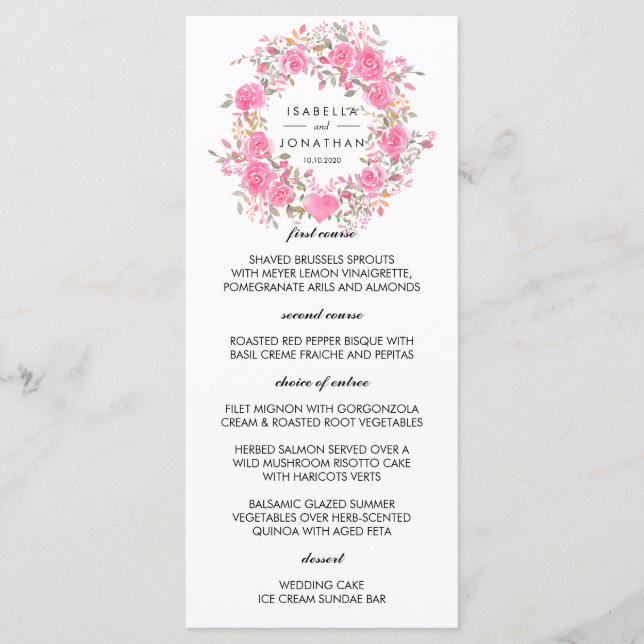 Pink Love | Menu de mariage couronne de roses rust (Devant)