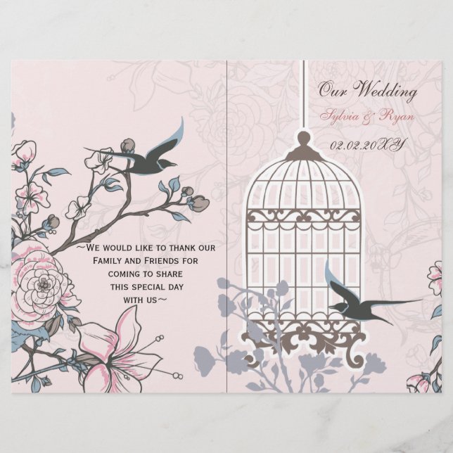 pink lovebirds bircage bi fold Programme de mariag (Devant)