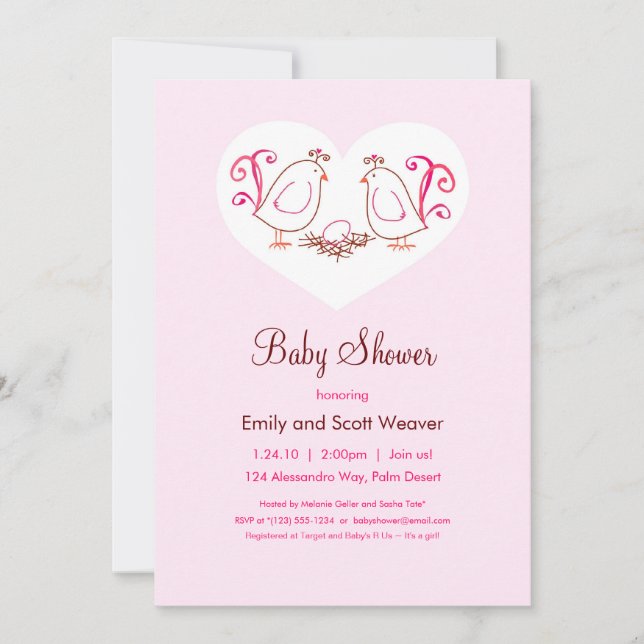 Pink Lovebirds und Nest Baby Shower Einladungen (Vorderseite)