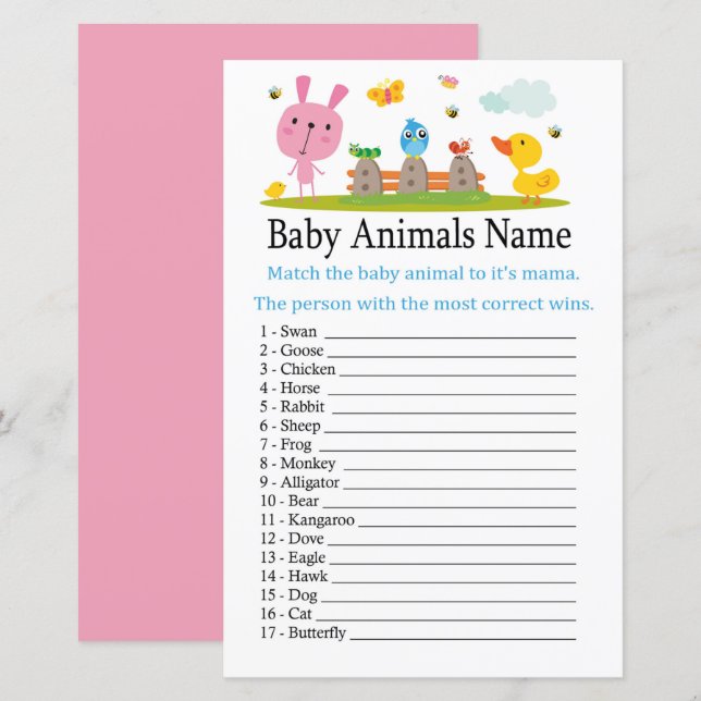 Pink lustiges Kaninchen Baby Tiere Name Spiel (Vorne/Hinten)