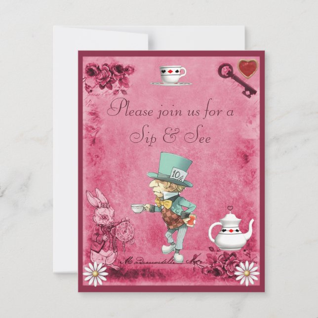 Pink Mad Hatter Sip & See Babydusche Einladung (Vorderseite)