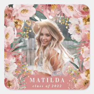 Pink mädchenhafte Foto Graduierungsparty elegant Quadratischer Aufkleber
