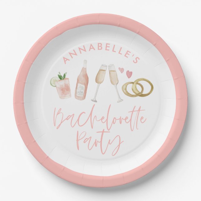 Pink mädchenhafte, moderne Cocktail-Skript-Bachelo Pappteller (Vorderseite)