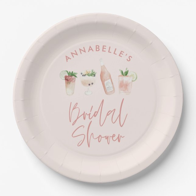 Pink mädchenhaftes, modernes Cocktailskript-Brautp Pappteller (Vorderseite)