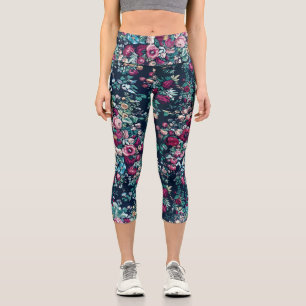 Pink Magenta Green Blue Aquamarin Peony & Rose Blu Capri Leggings