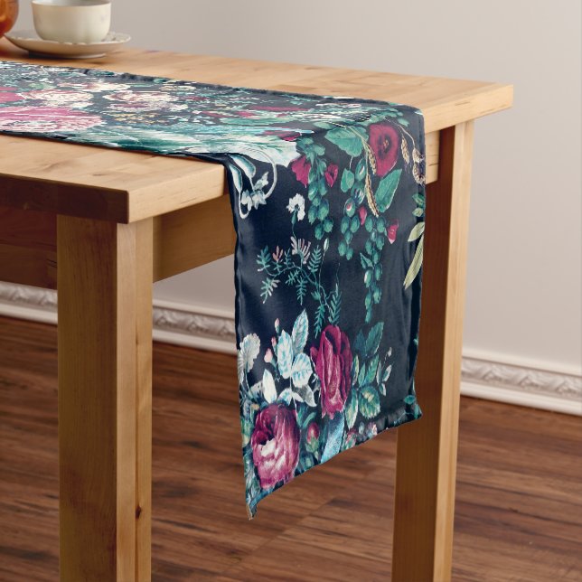 Pink Magenta Green Blue Aquamarin Peony & Rose Blu Kurzer Tischläufer (Beispiel)