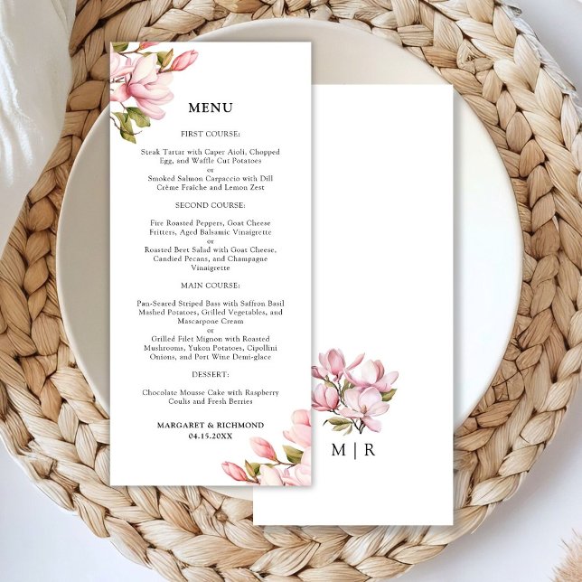 Pink Magnolia Aquarelle Floral Mariage Menu (Créateur téléchargé)