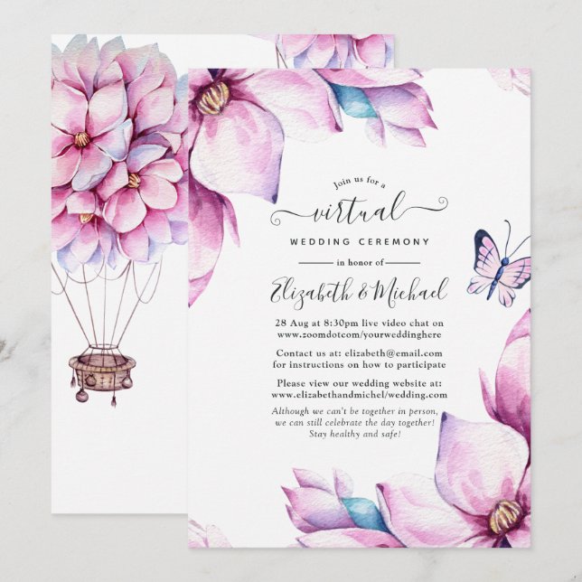 Pink Magnolia Bloral Online Virtual Wedding Einladung (Vorne/Hinten)