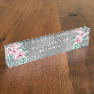 Pink Magnolia Bouquet Silber Glitzer Salon Manager Namensplakette