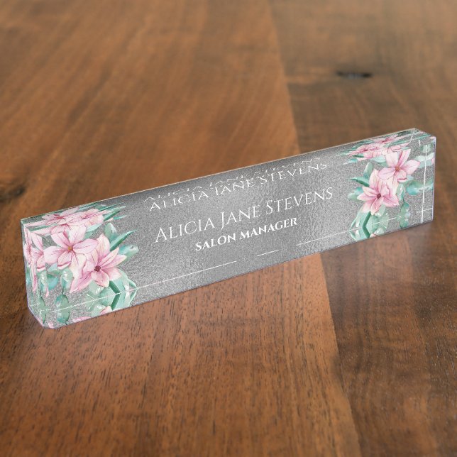 Pink Magnolia Bouquet Silber Glitzer Salon Manager Namensplakette (Seite)
