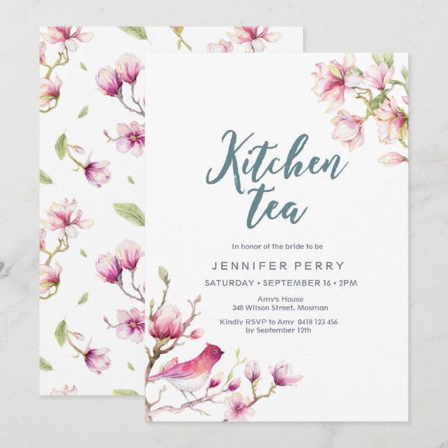 Pink Magnolia Floral Küche Party Einladung (Vorne/Hinten)