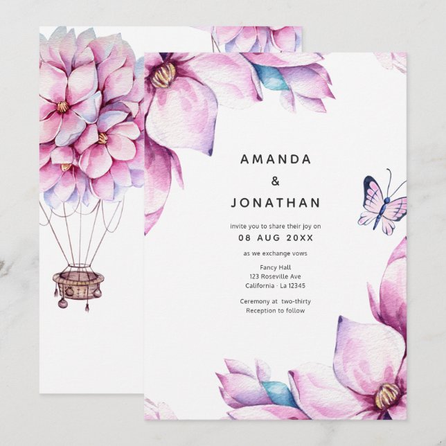 Pink Magnolia Floral Wedding Einladung (Vorne/Hinten)