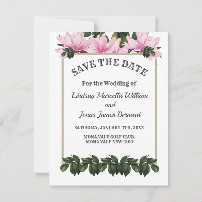 Pink Magnolia Grüne Save the Date Blumen Einladung (Vorderseite)