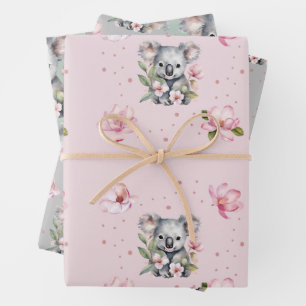 Pink Magnolia Koala Bear Watercolor Geschenk Geschenkpapier Set