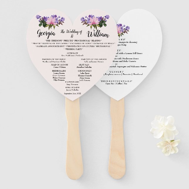 Pink Magnolia Lavender Floral Wedding Menü Fan Fächer (Vorne und Hinten)