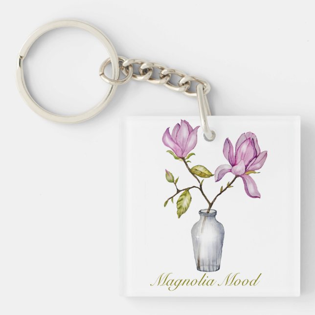 Pink Magnolia Watercolor Botanical Schlüsselanhänger (Vorderseite)